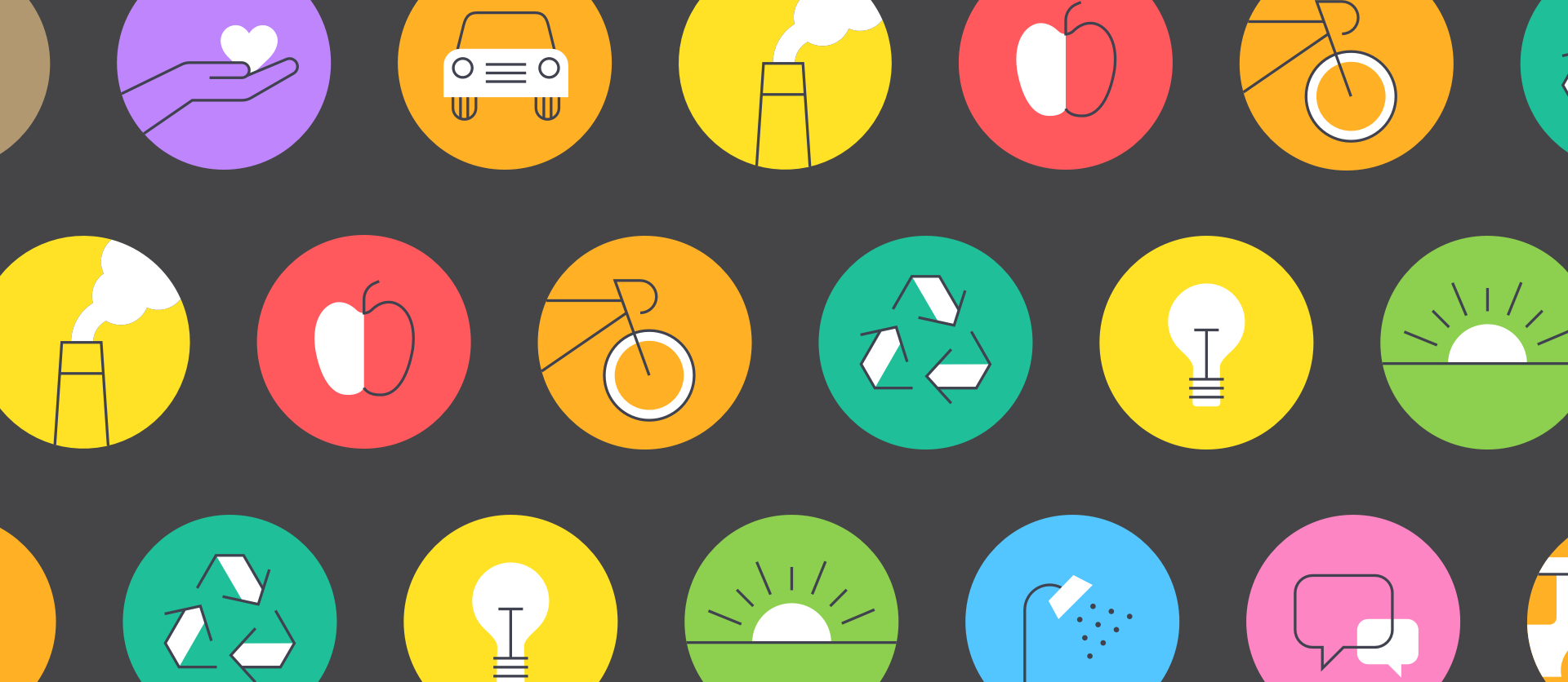 A set of colorful icons depicting environmental topics.