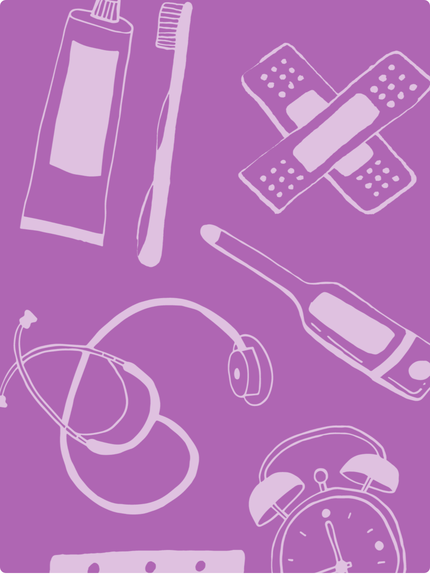An illustration of various health care products.
