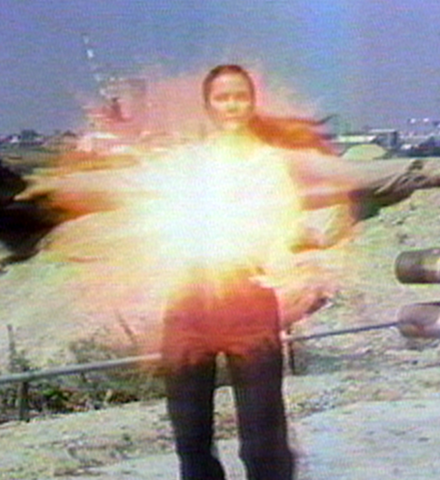 A still image of Wonder Woman from a video by Dara Birnbaum.