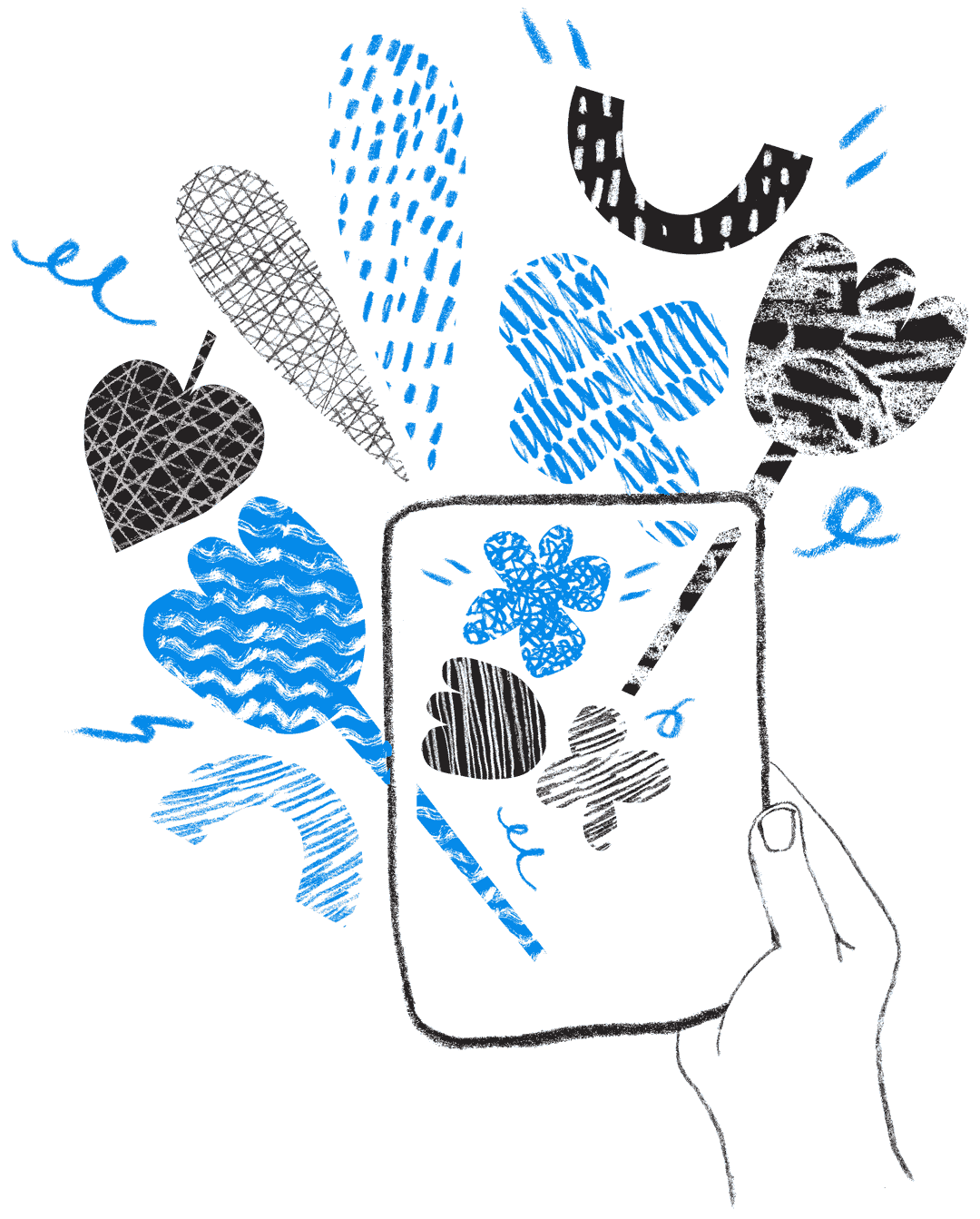 An illustration of a hand holding a tablet with flowers and shapes bursting out of it.