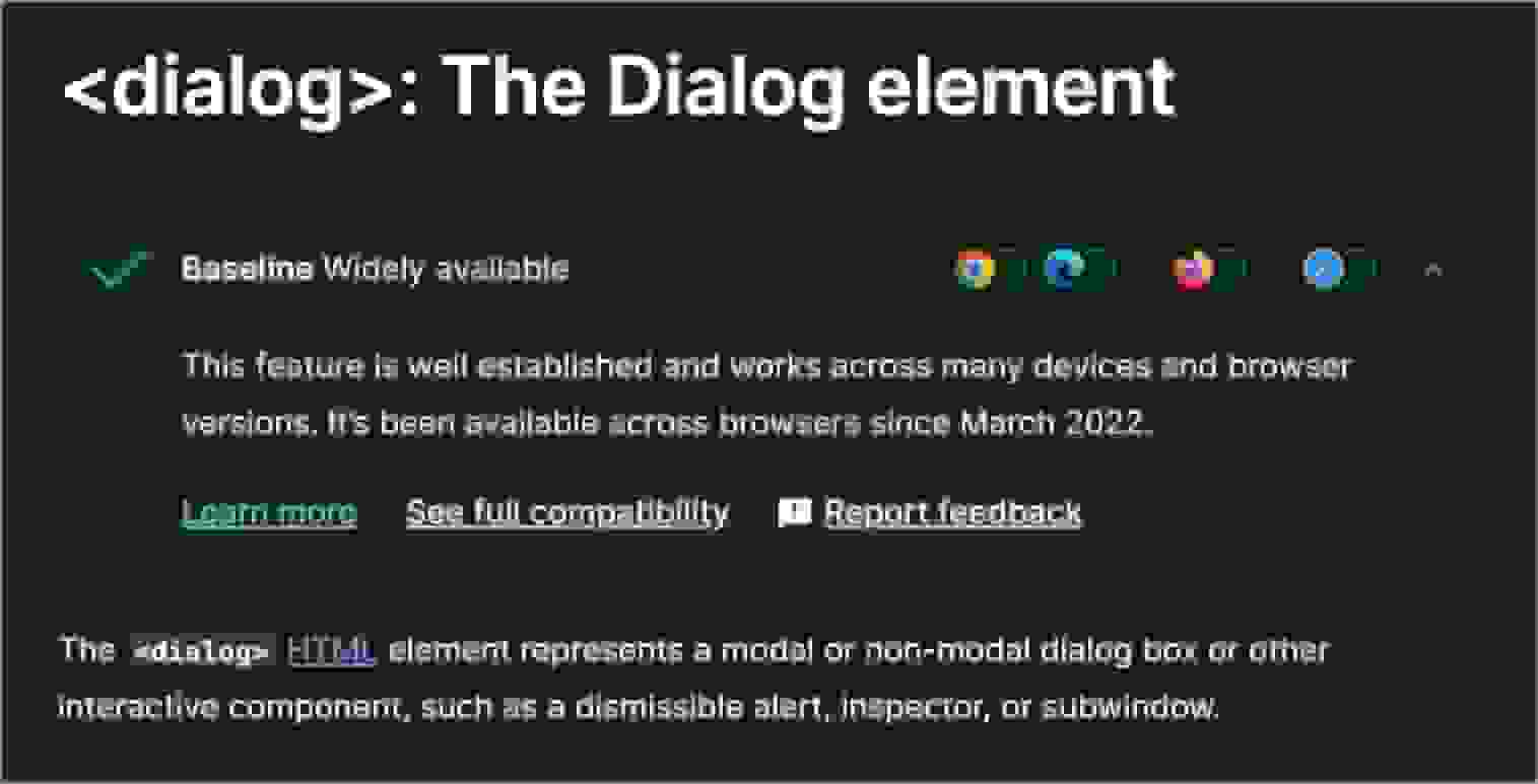 MDN reference page for the HTML dialog element showing that it meets Baseline Widely available status.