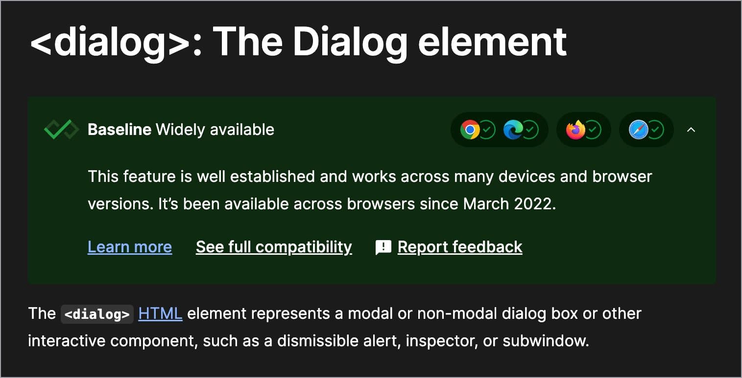 MDN reference page for the HTML dialog element showing that it meets Baseline Widely available status.
