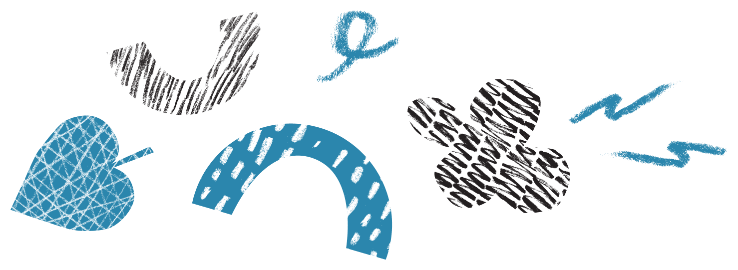 Whimsical shapes including a spade, a horseshoe, and a clover.