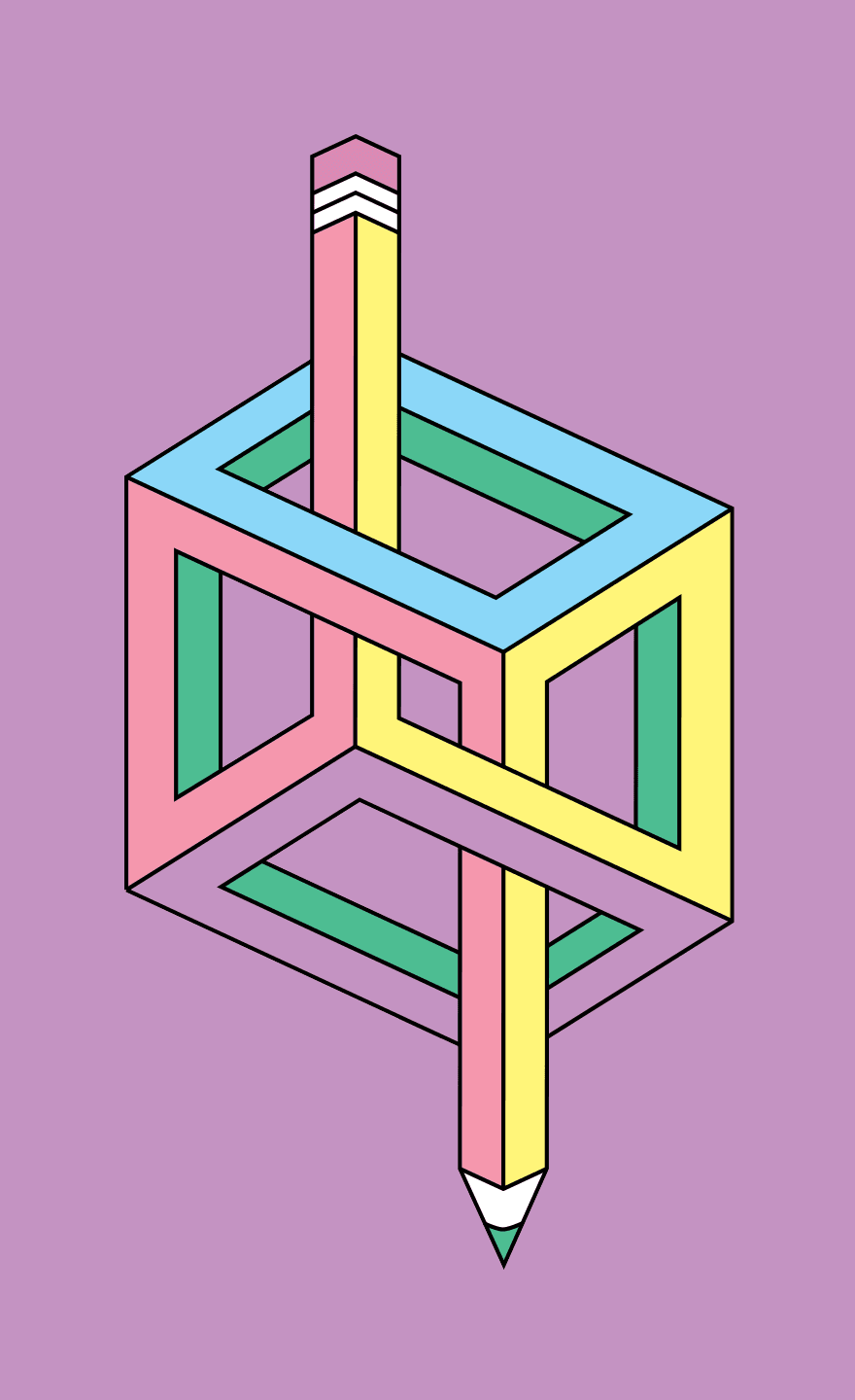 An optical illusion of a pencil in the style of M.C. Escher.